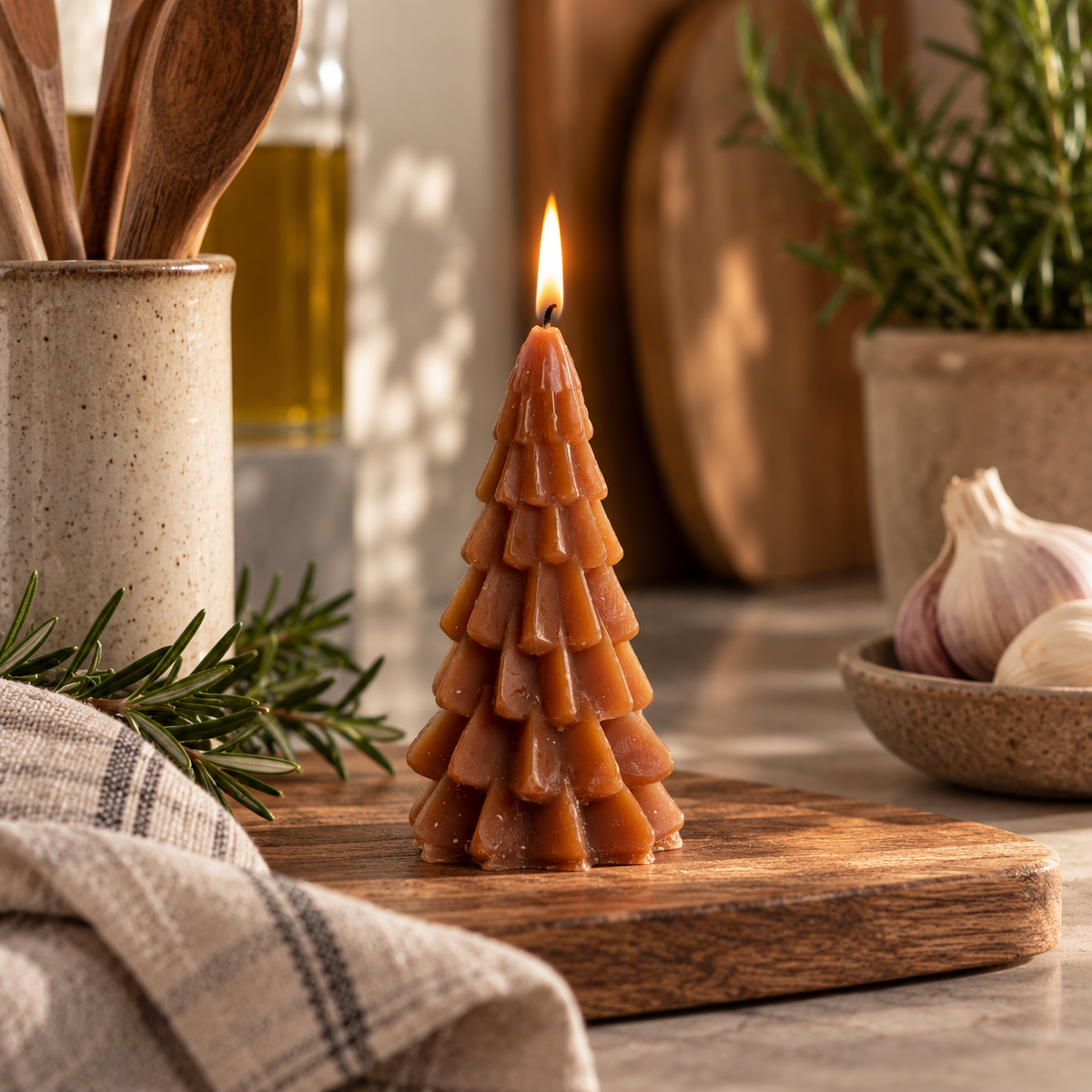 Rustik Lys kerstboomkaars Chestnut 6,3 × 12 cm brandend in warme kerstsfeer