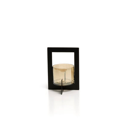 Bazar Bizar - Hurricane Framed Theelichthouder – Zwart Metaal & Glas (Maat M)
