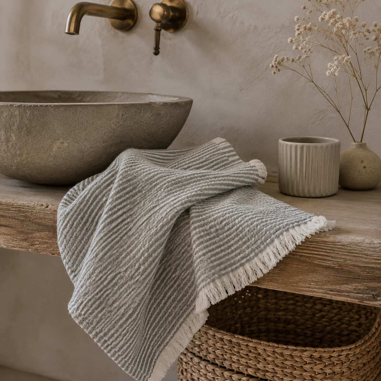 Naturel gastendoek met groen/grijze strepen van Mijn Stijl op een houten badkamerplank naast een natuurstenen waskom. Sfeervolle badkamer in warme, natuurlijke tinten.