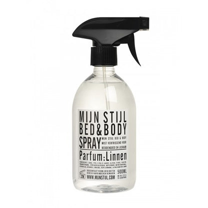 Mijn Stijl Bed & Body Spray Linnen 500 ml in transparante fles met zwarte spraykop