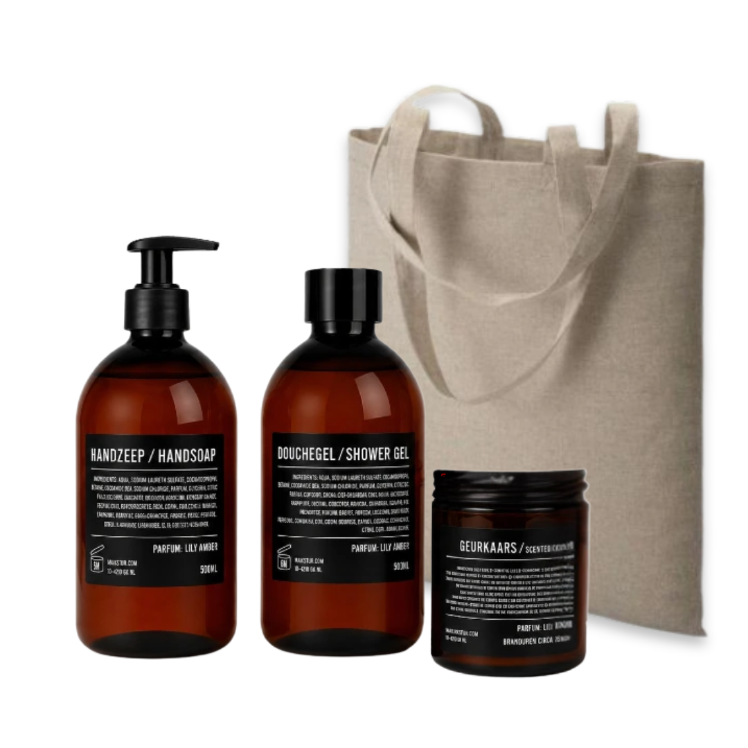 Mijn Stijl cadeaupakket Lily Amber met handzeep, douchegel, geurkaars en naturel katoenen tas