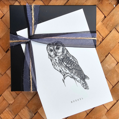 Cadeauset Bosuil volledig verpakt met bosuilkaart tussen het lint van de zwarte cadeaudoos