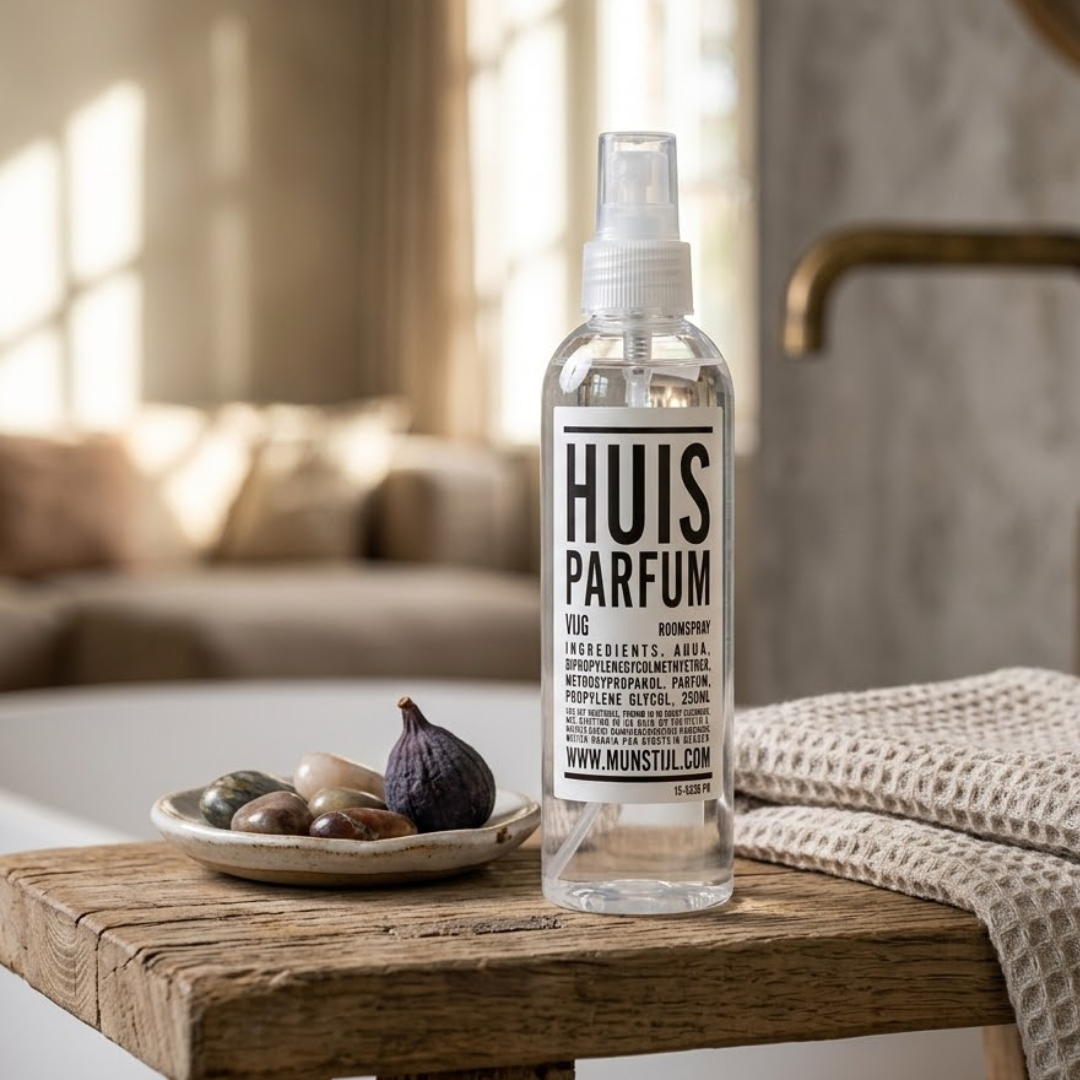 Mijn Stijl roomspray Vijg (250 ml) in een transparante fles met verstuiver, staand op een dikke, robuuste houten plank. Links staat een klein, rustiek schaaltje gevuld met stenen en een verse, paarse vijg. Rechts ligt een beige handdoek of doek met een fijne structuur, tegen een zacht verlichte en sfeervolle achtergrond.