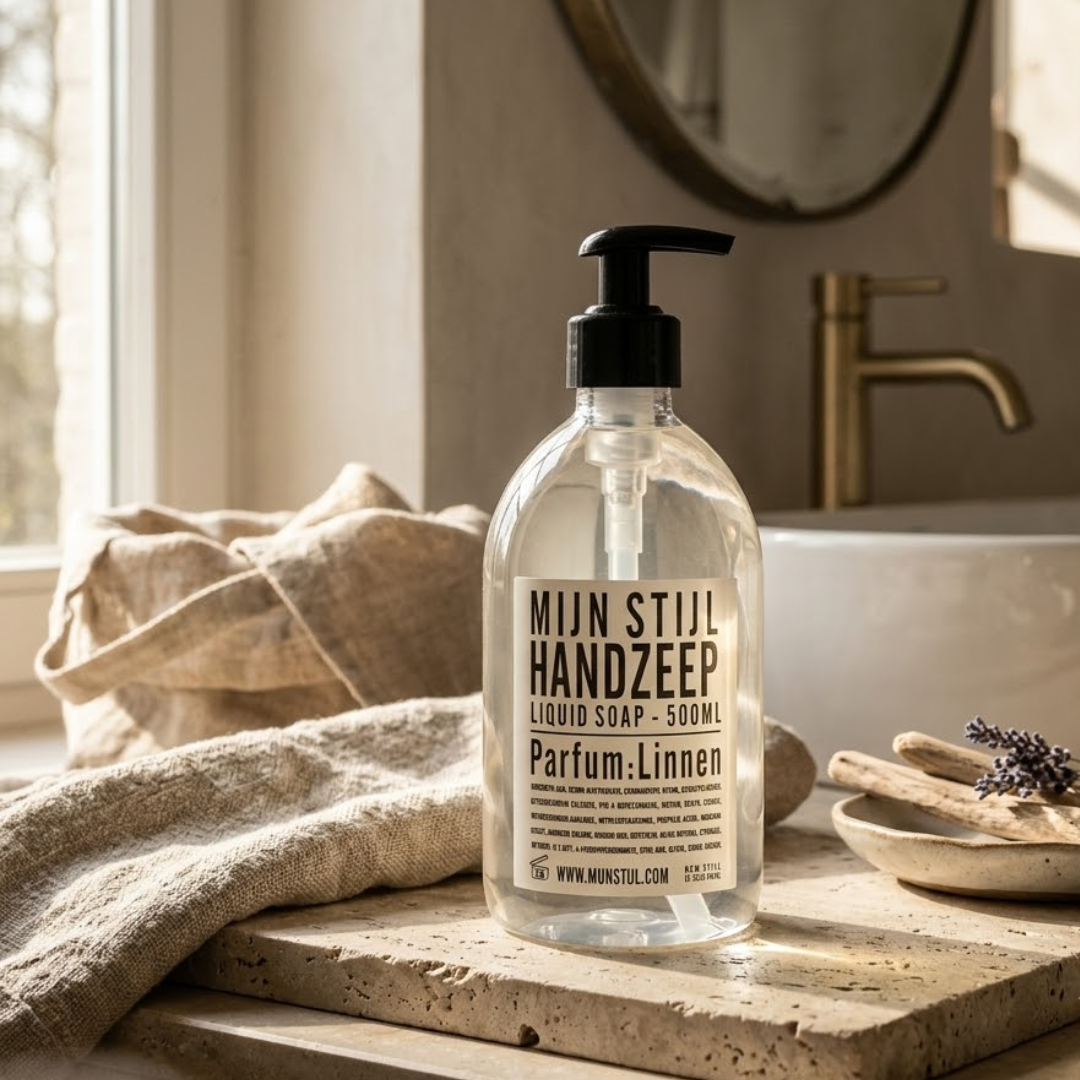 Mijn Stijl handzeep Linnen (500 ml) in een transparante fles met zwart pompje, gepresenteerd op een travertin of natuurstenen plank. Links ligt een lichte handdoek en op de achtergrond is een moderne, gouden kraan met een ronde spiegel zichtbaar bij een wastafel.