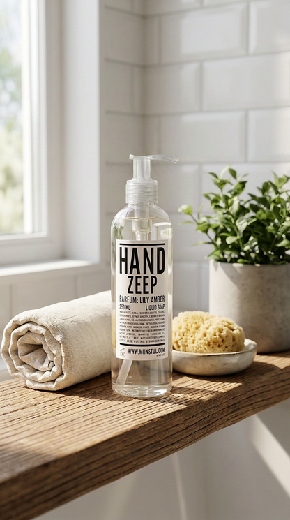 Mijn Stijl handzeep Lily Amber 250 ml in een lichte badkamer met naturel accessoires
